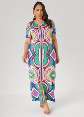 Royal Blue Psychedelic Maxi Dress with Cold Shoulder