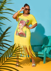 Tropical Fringed T Shirt Dress