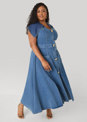 Tall Shawl Collar Paneled Denim Dress