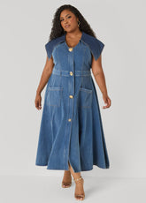 Tall Shawl Collar Paneled Denim Dress