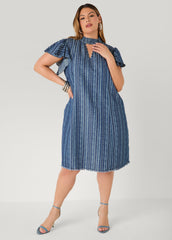 Printed Keyhole Chambray Dress