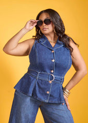 Belted Denim Peplum Vest