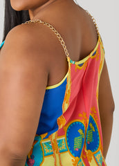 Chain Trimmed Scarf Print Top