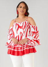 Cold Shoulder Printed Satin Blouse