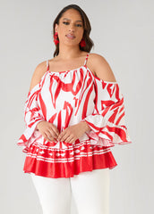 Cold Shoulder Printed Satin Blouse