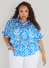 Cuffed Printed Satin Blouse