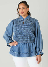 Smocked Denim Peplum Top