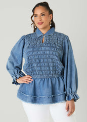 Smocked Denim Peplum Top