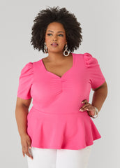 Puff Sleeved Textured Peplum Top