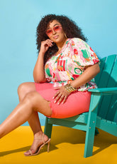 Island Print Bubble Sleeve Top