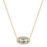 Oval Gemstone Necklace in 14K Gold Plated Sterling Silver, Oval Pendant Size 6 * 12mm, 15" Cable Chain with 2" Extender, Gift Box Included - Apr, White Zircon
