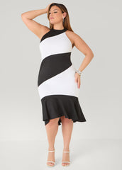 Two Tone High Neck Midi Dress