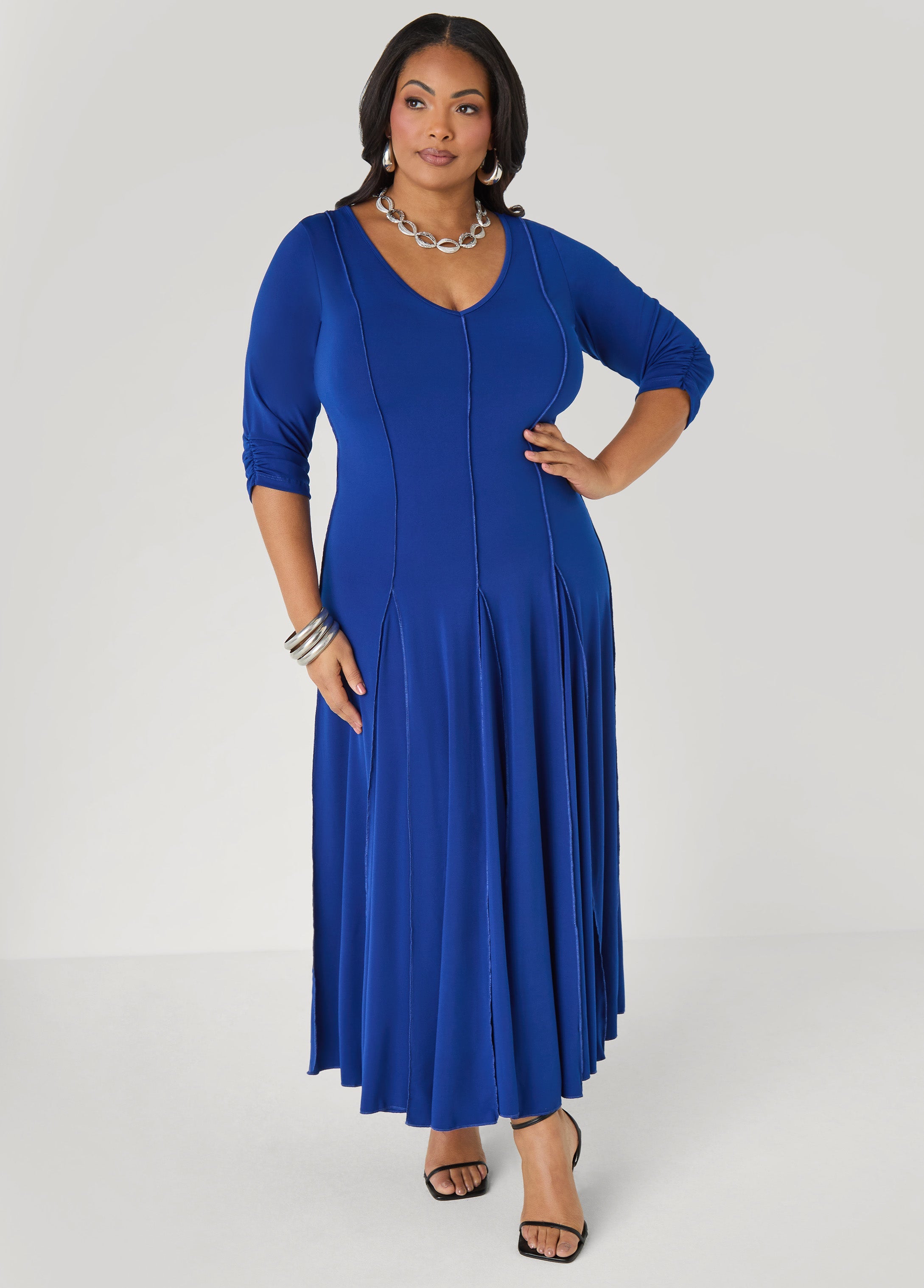 Ruched Sleeve Seamed Maxi Dress