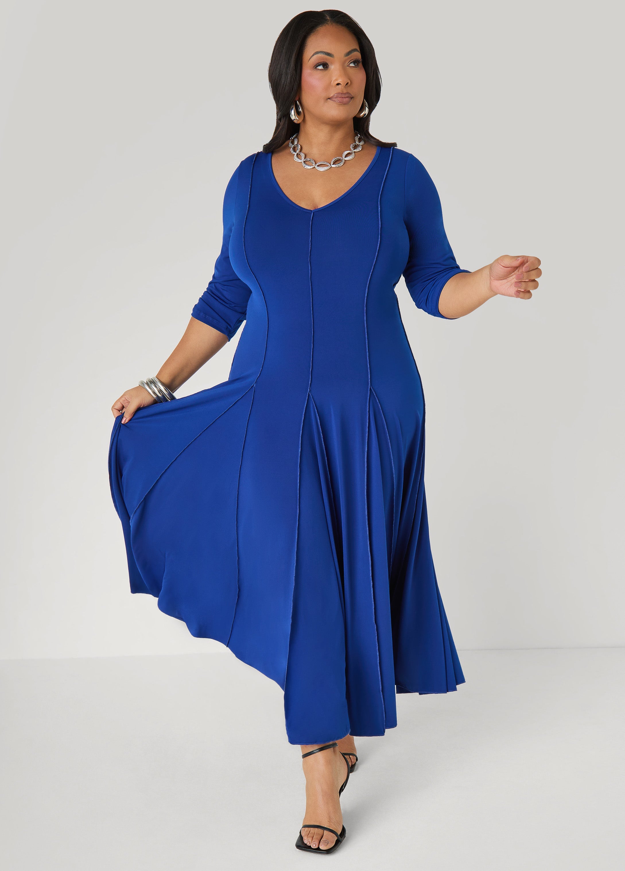 Ruched Sleeve Seamed Maxi Dress