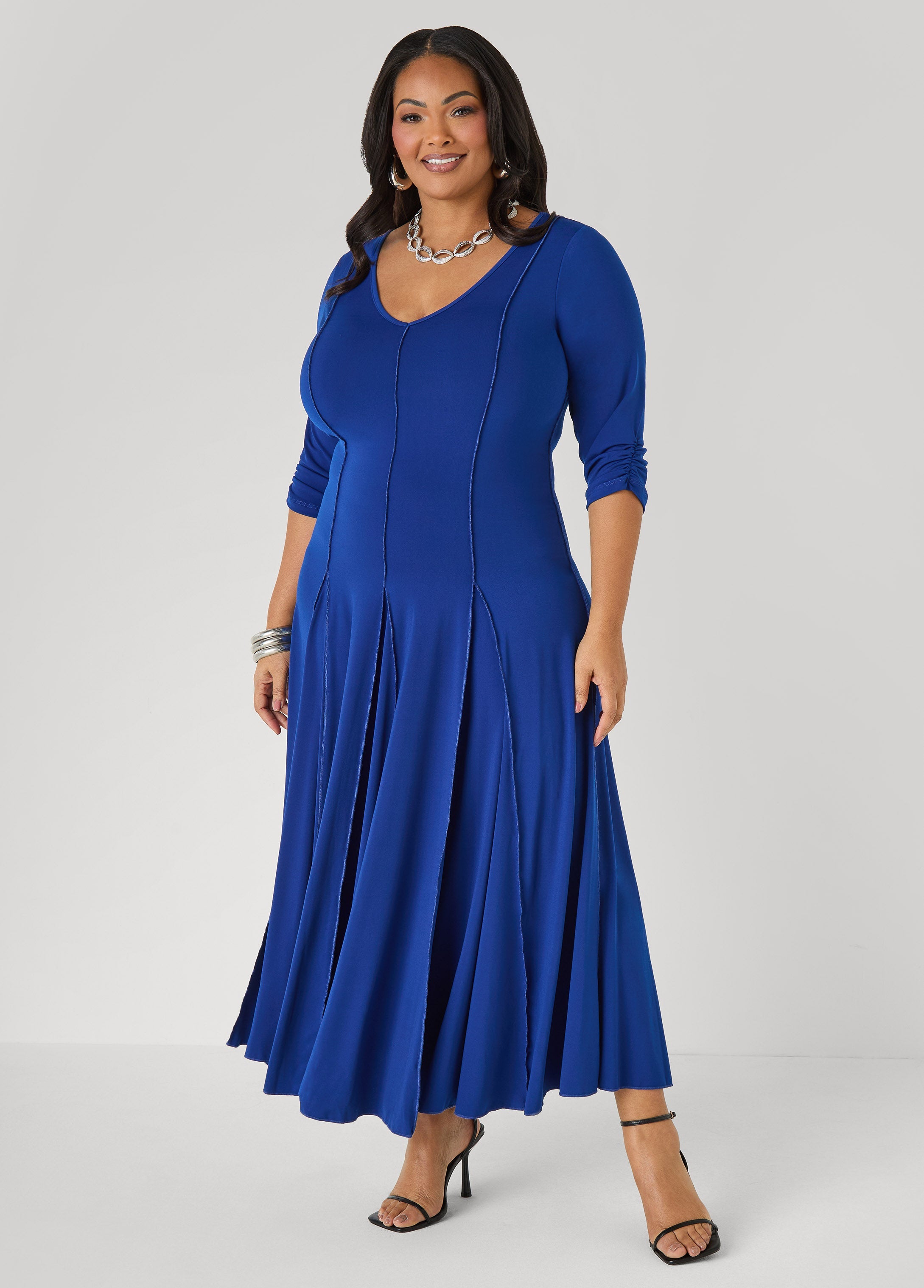 Ruched Sleeve Seamed Maxi Dress