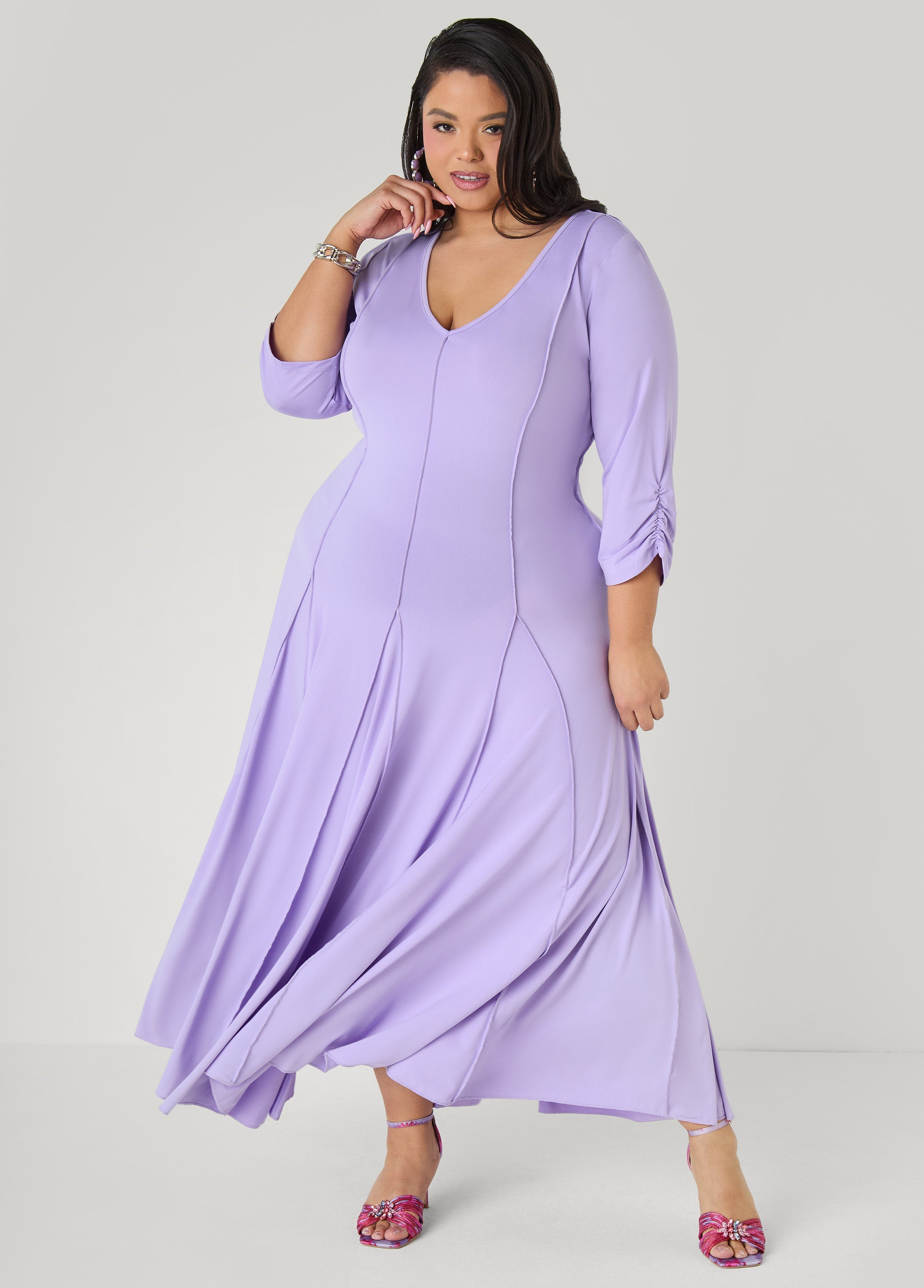 Ruched Sleeve Seamed Maxi Dress