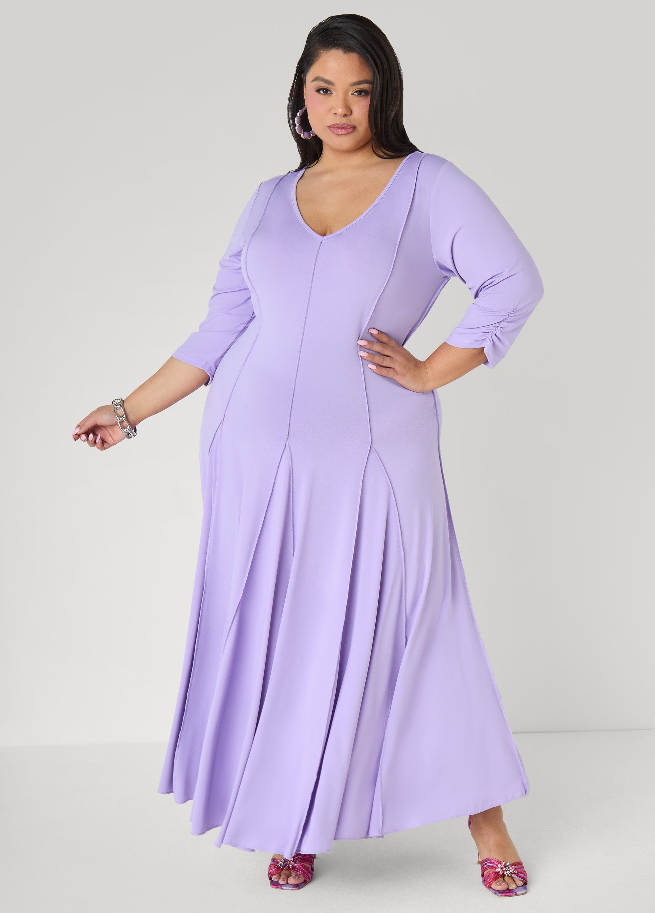 Ruched Sleeve Seamed Maxi Dress