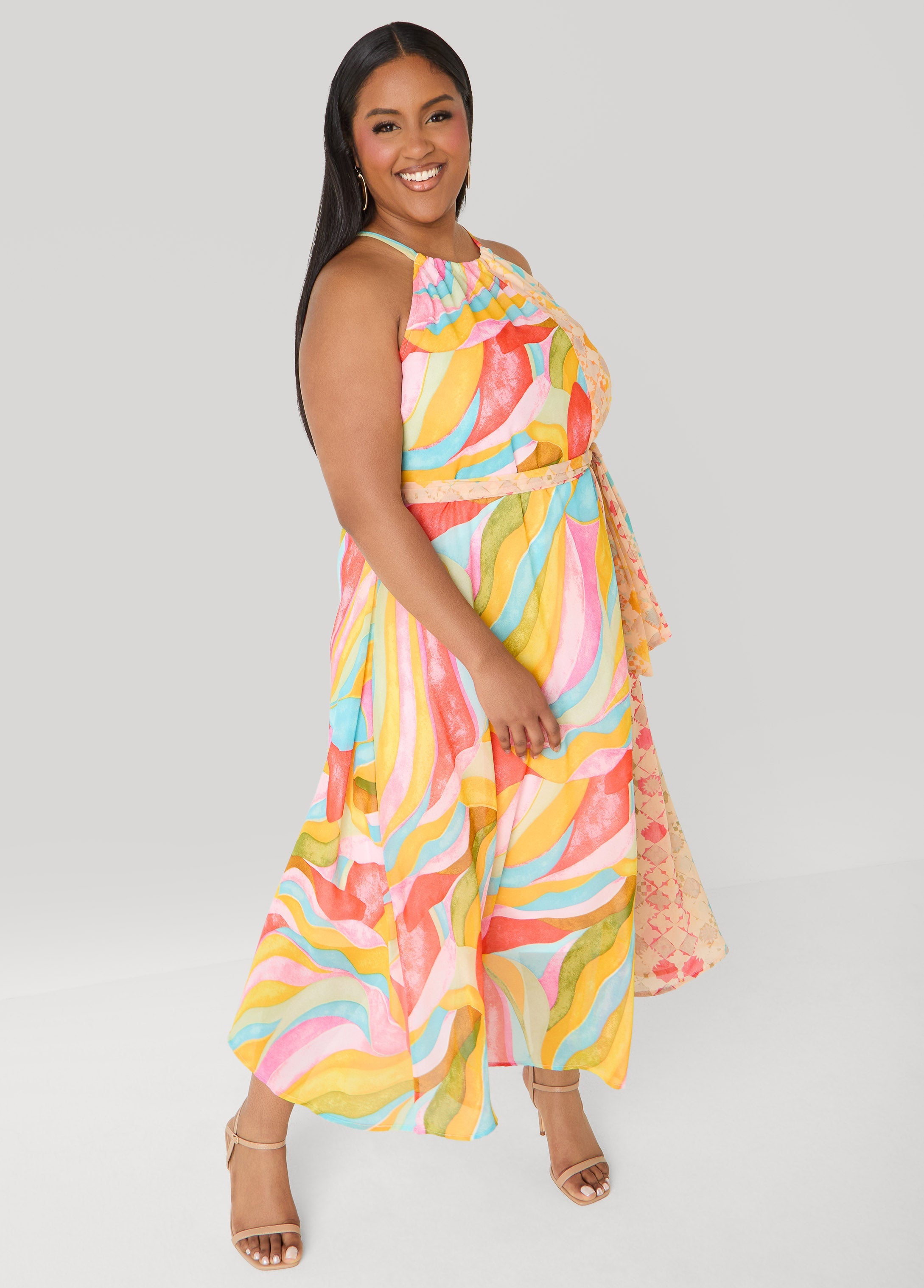 Belted Scarf Print Maxi Dress