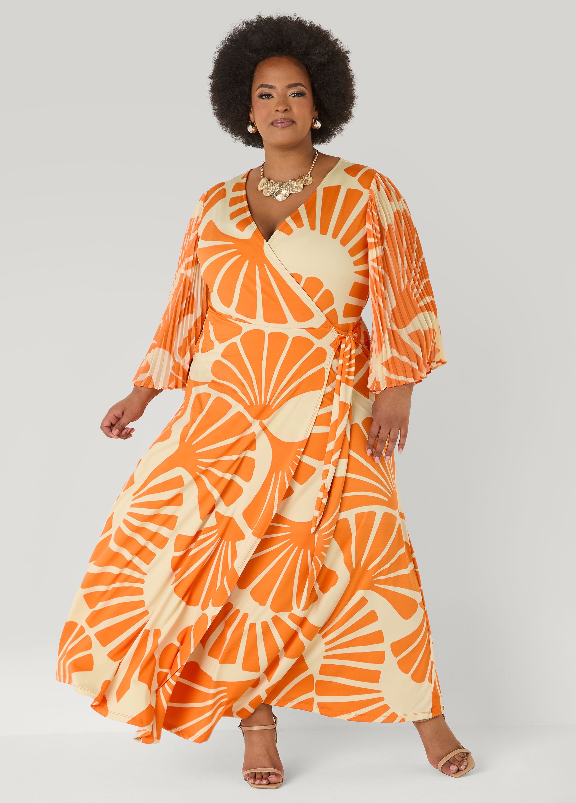 Pleated Sleeve Tropical Wrap Dress