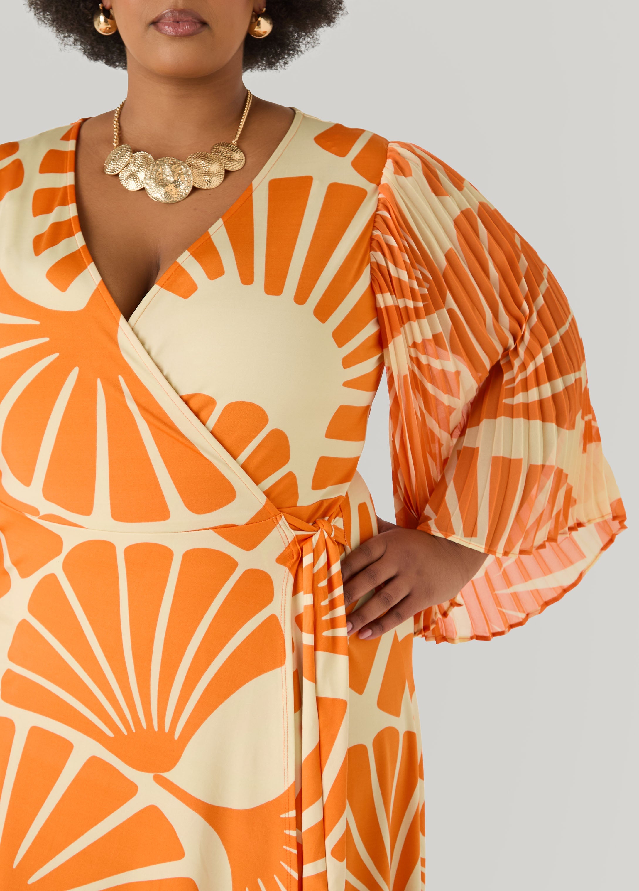 Pleated Sleeve Tropical Wrap Dress