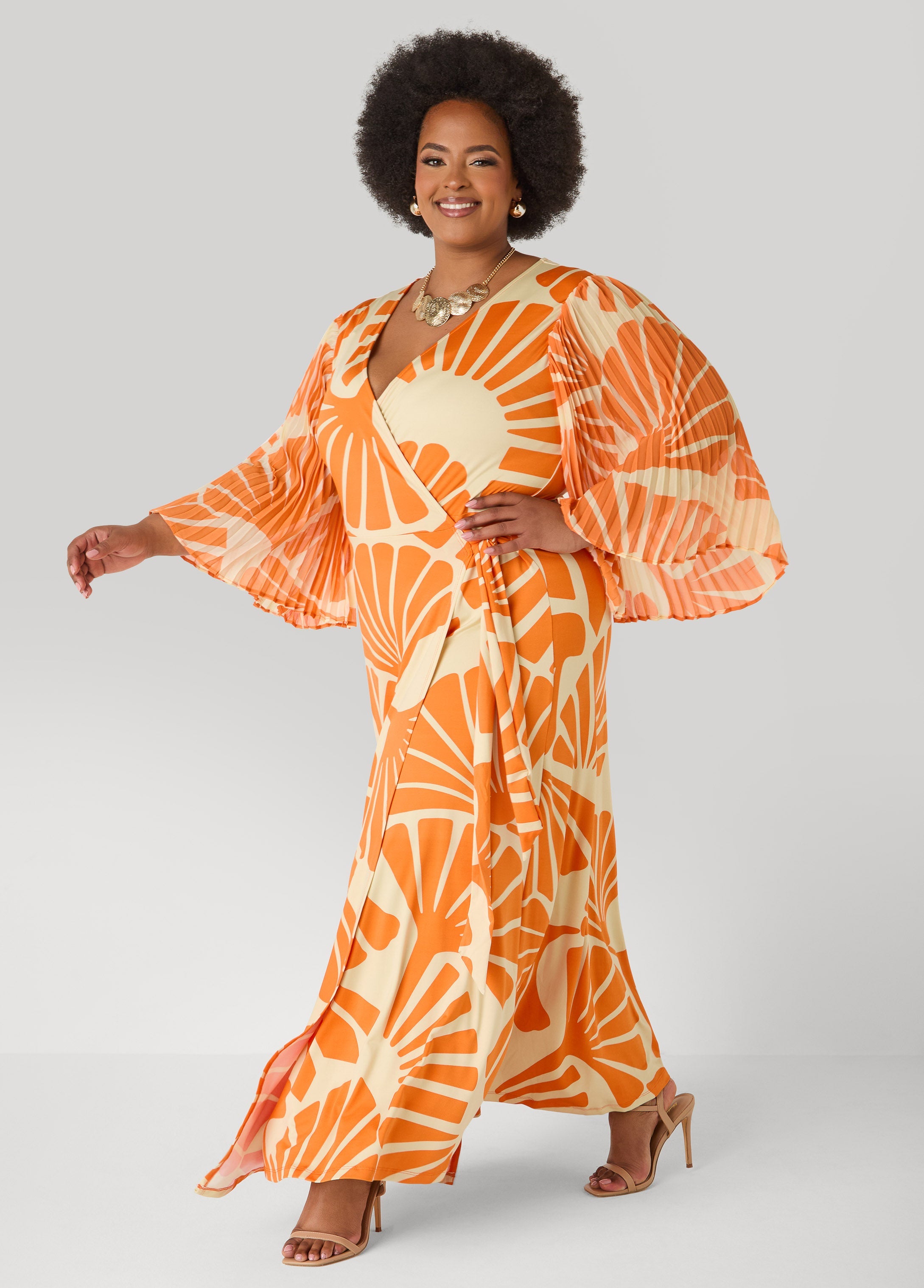 Pleated Sleeve Tropical Wrap Dress