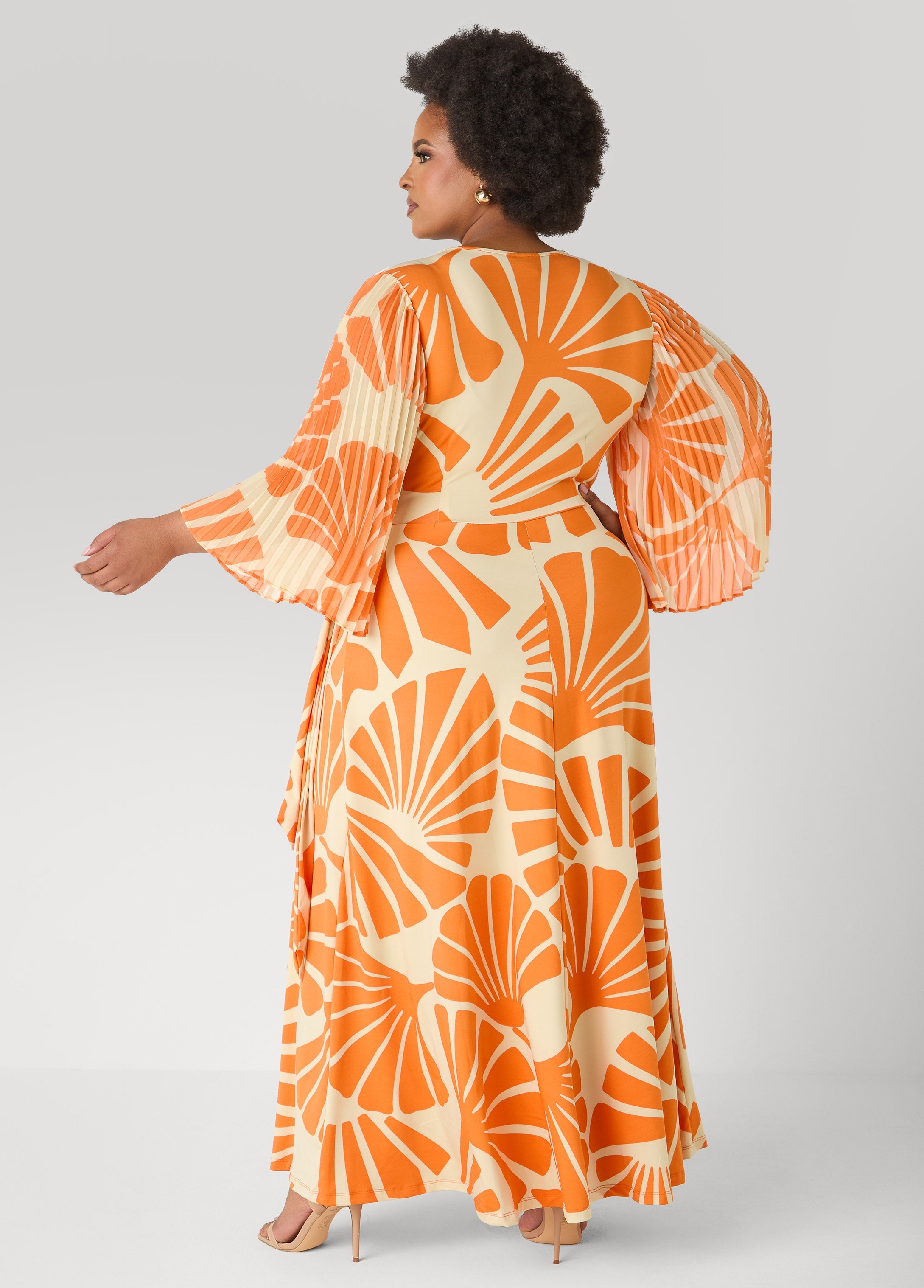 Pleated Sleeve Tropical Wrap Dress