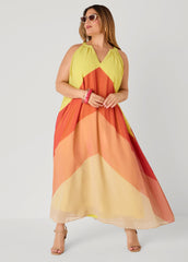 V Neck Colorblock Maxi Dress