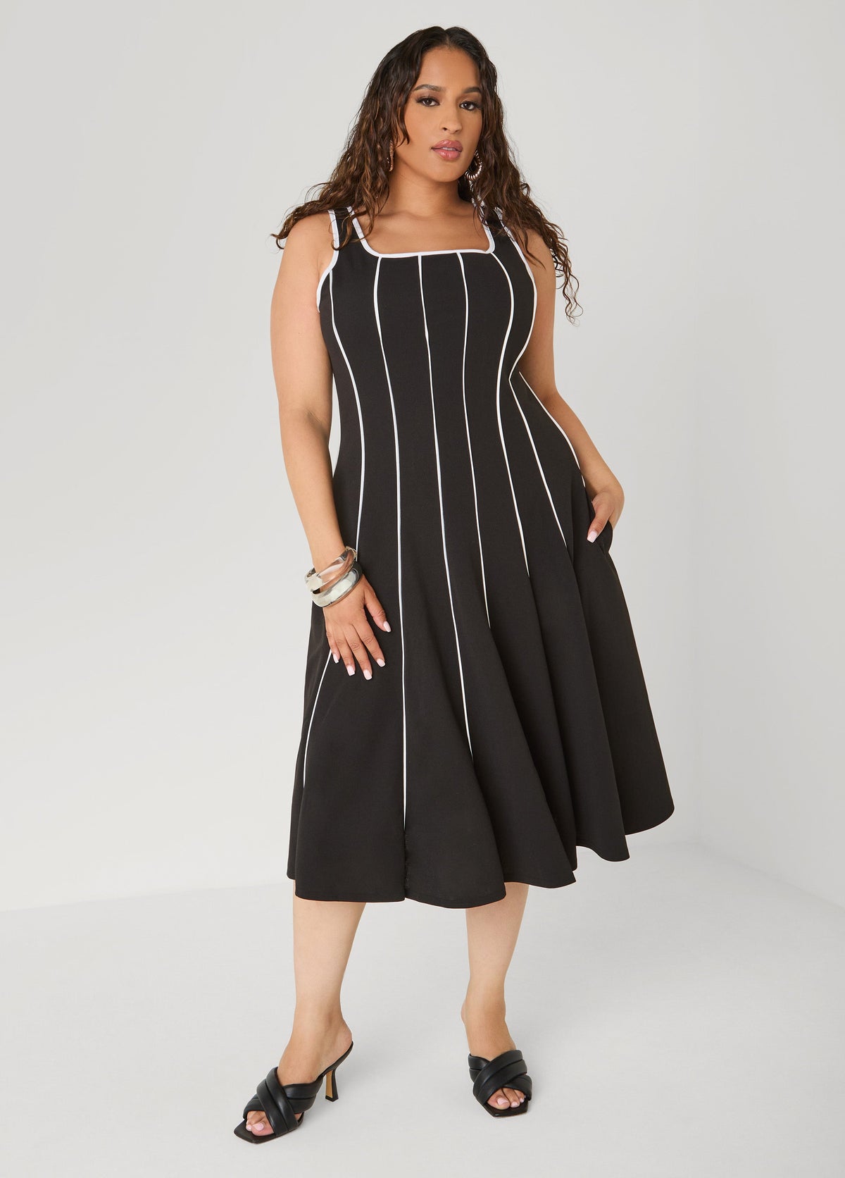 Piped A Line Midi Dress