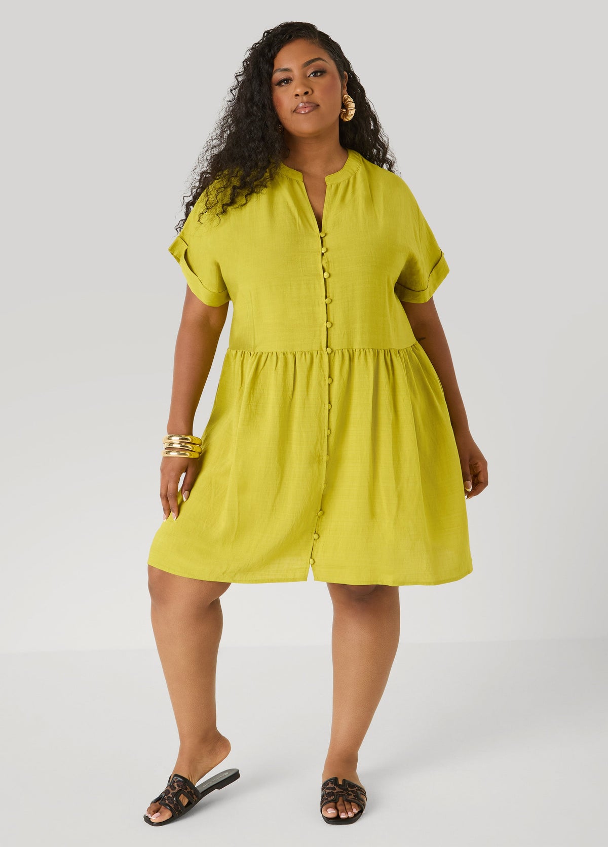 Cuffed V Neck Babydoll Dress