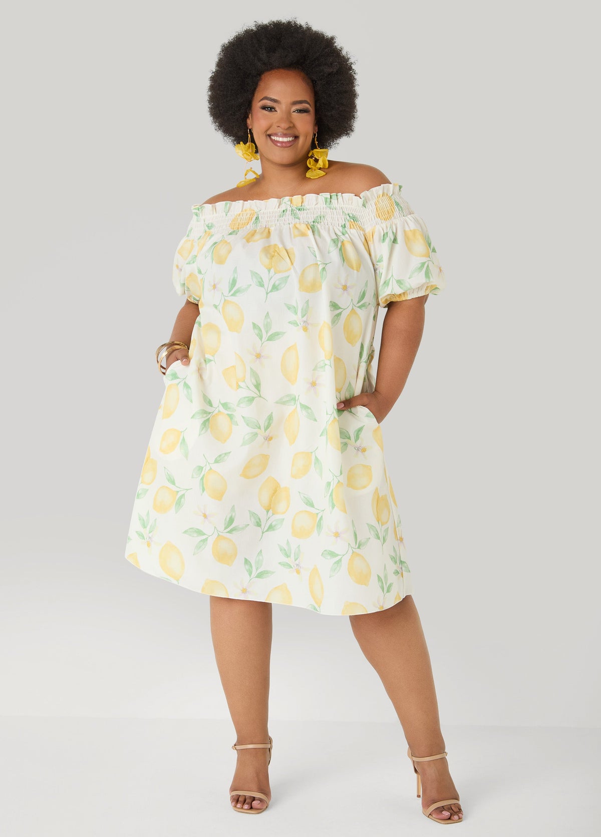 Lemon Print Off The Shoulder Dress