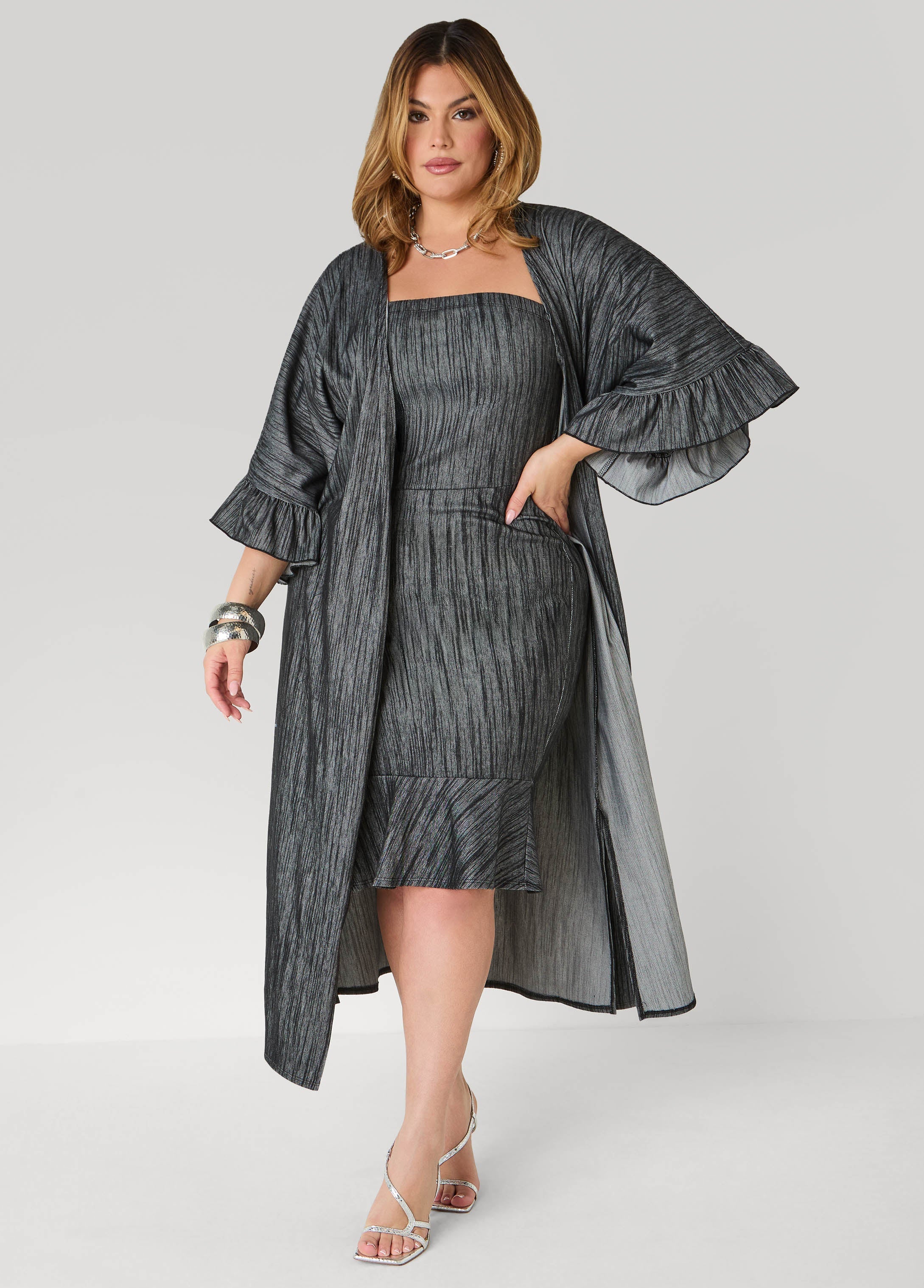 Ruffled Textured Denim Duster