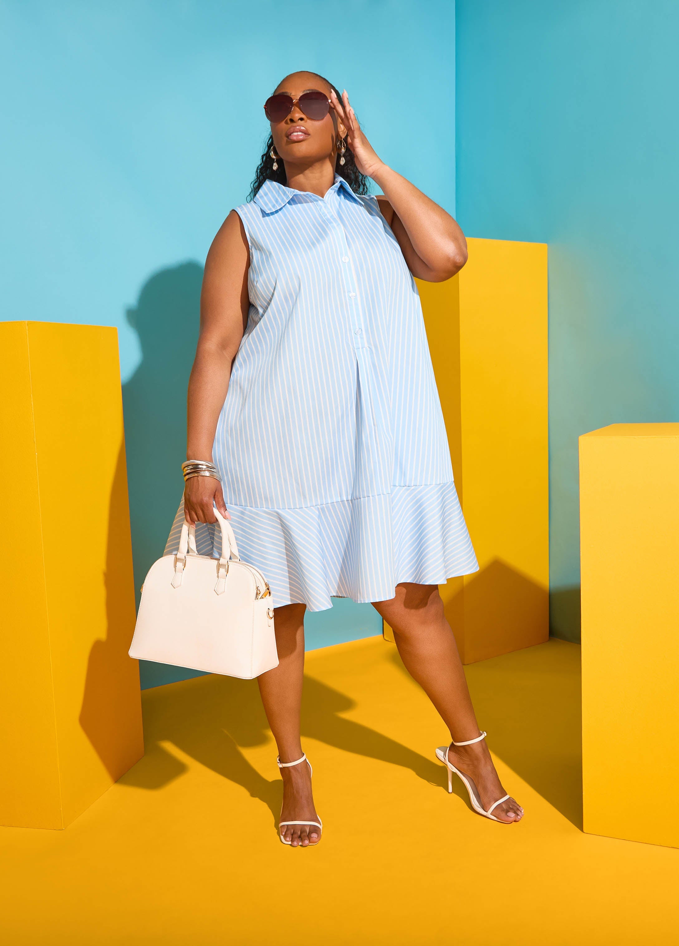 Flounced Striped Shirtdress