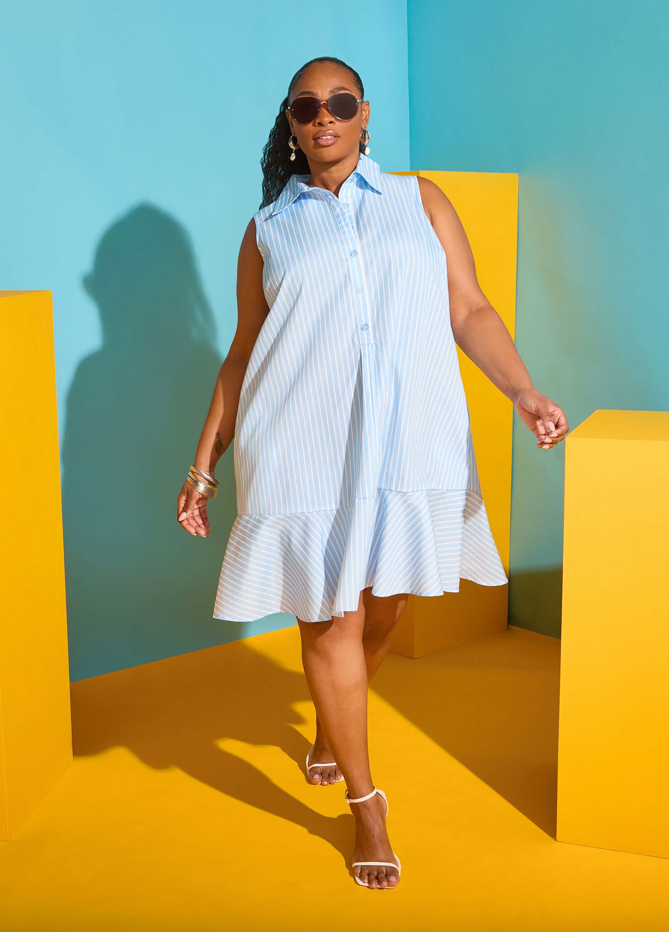 Flounced Striped Shirtdress