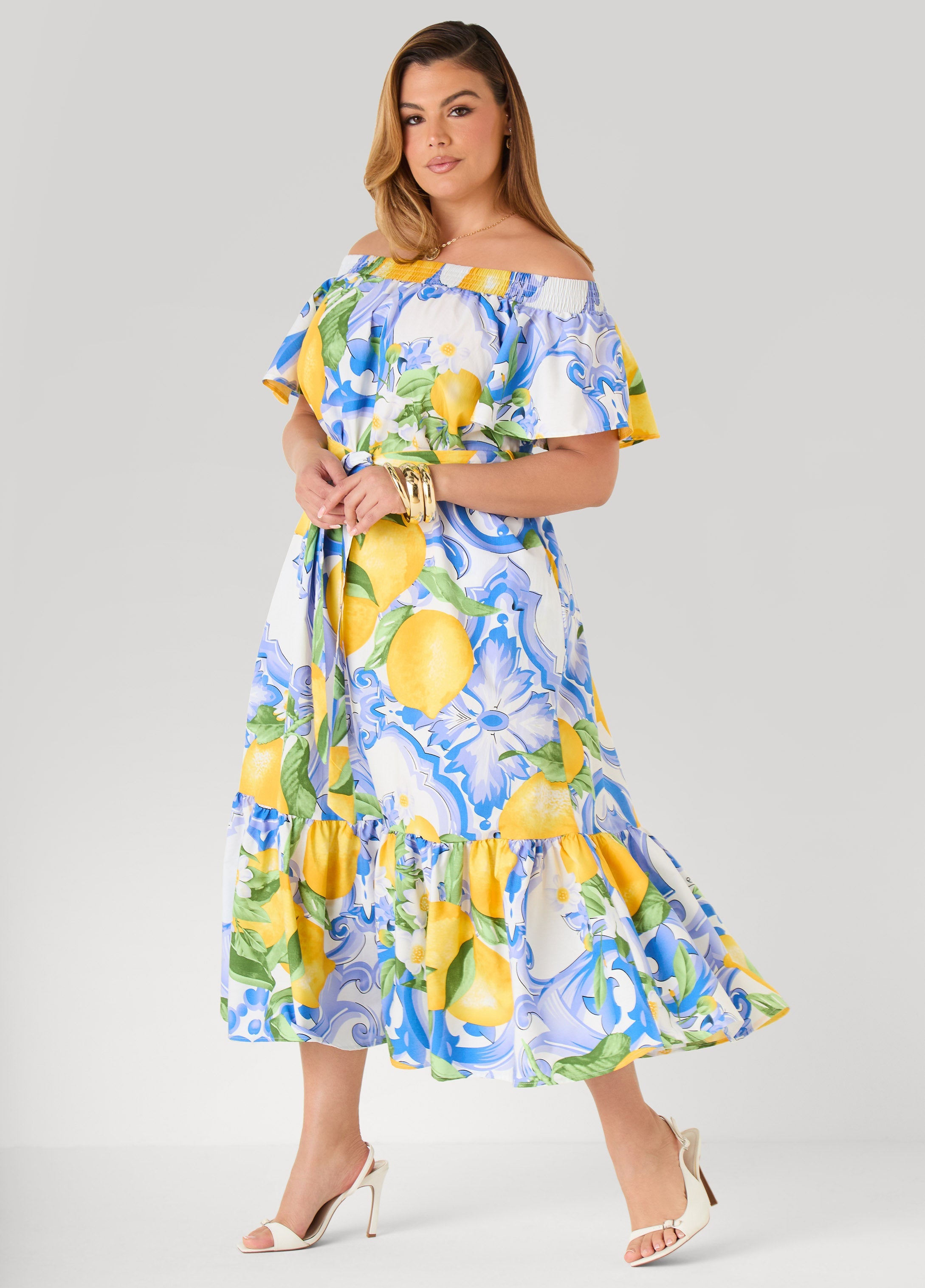Off The Shoulder Lemon Print Dress
