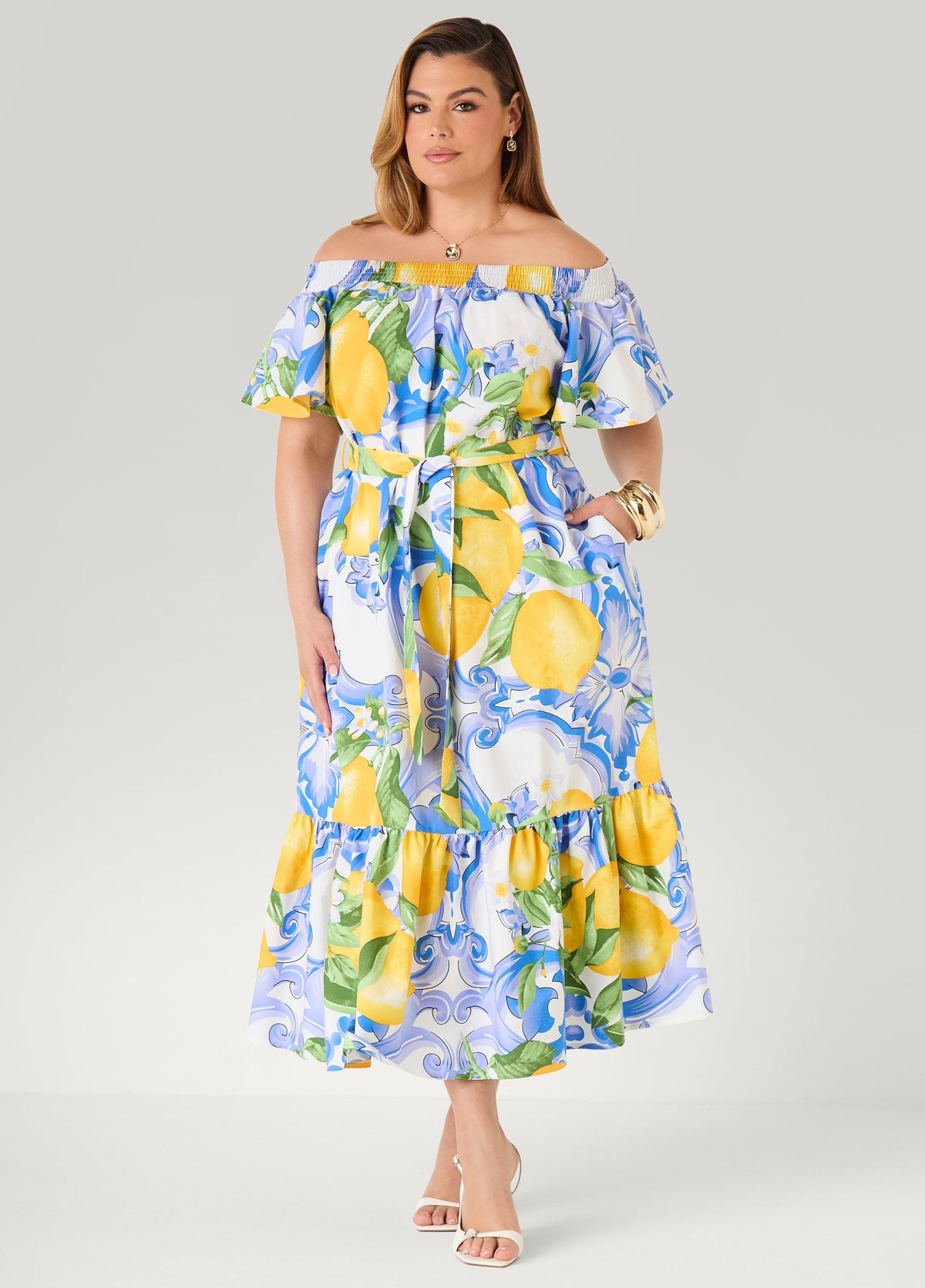 Off The Shoulder Lemon Print Dress