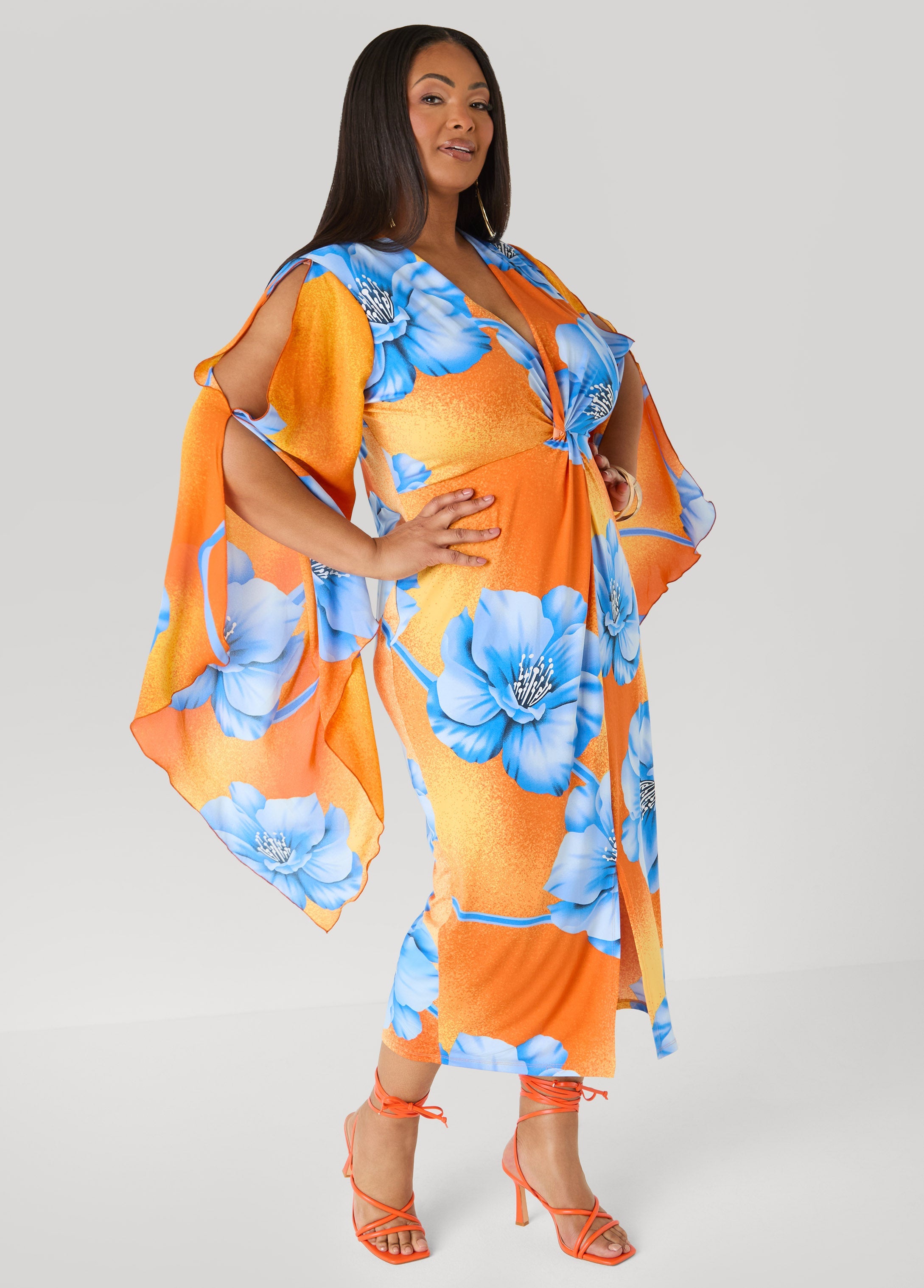 Split Sleeve Tropical Print Dress