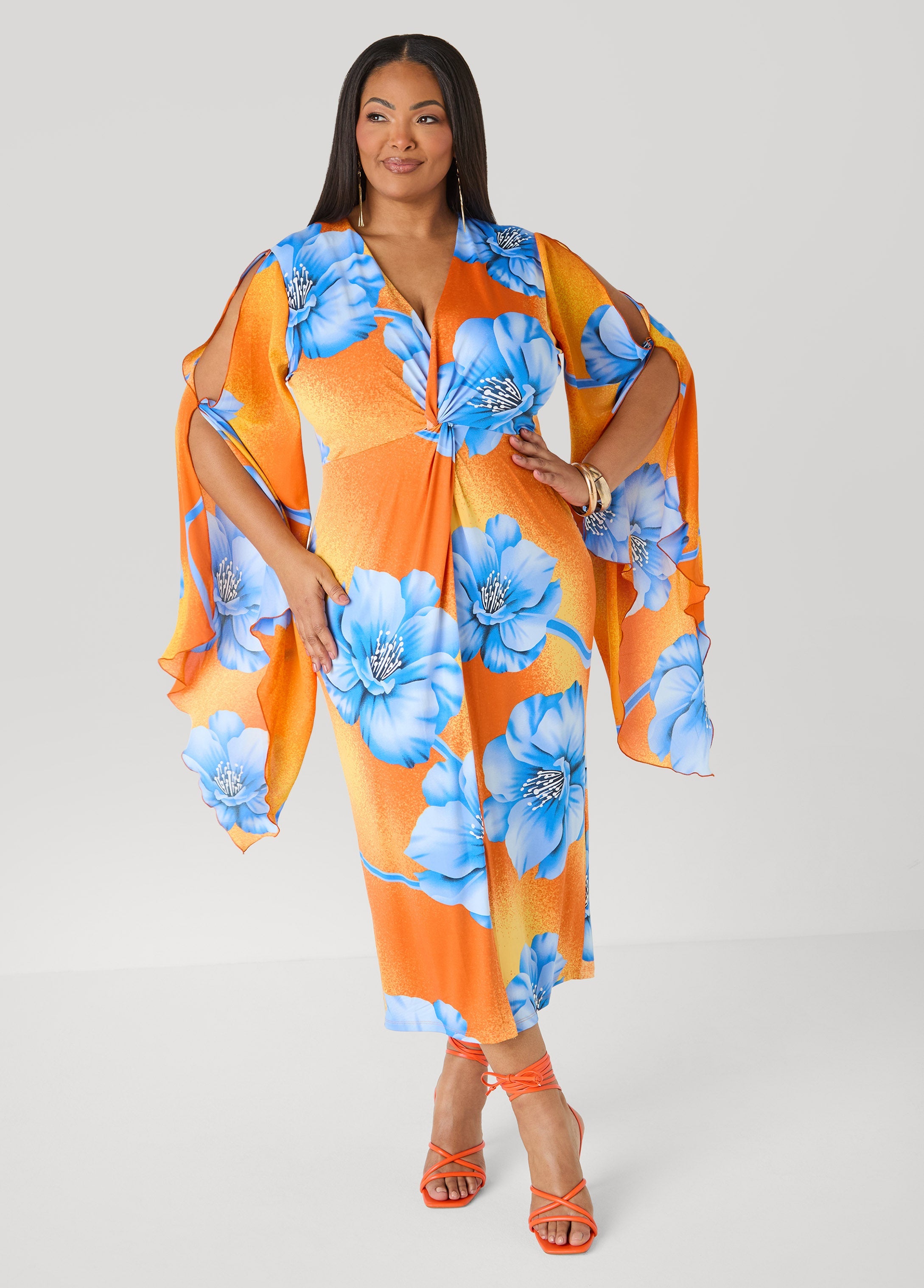 Split Sleeve Tropical Print Dress