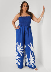 Strapless Leaf Print Jumpsuit