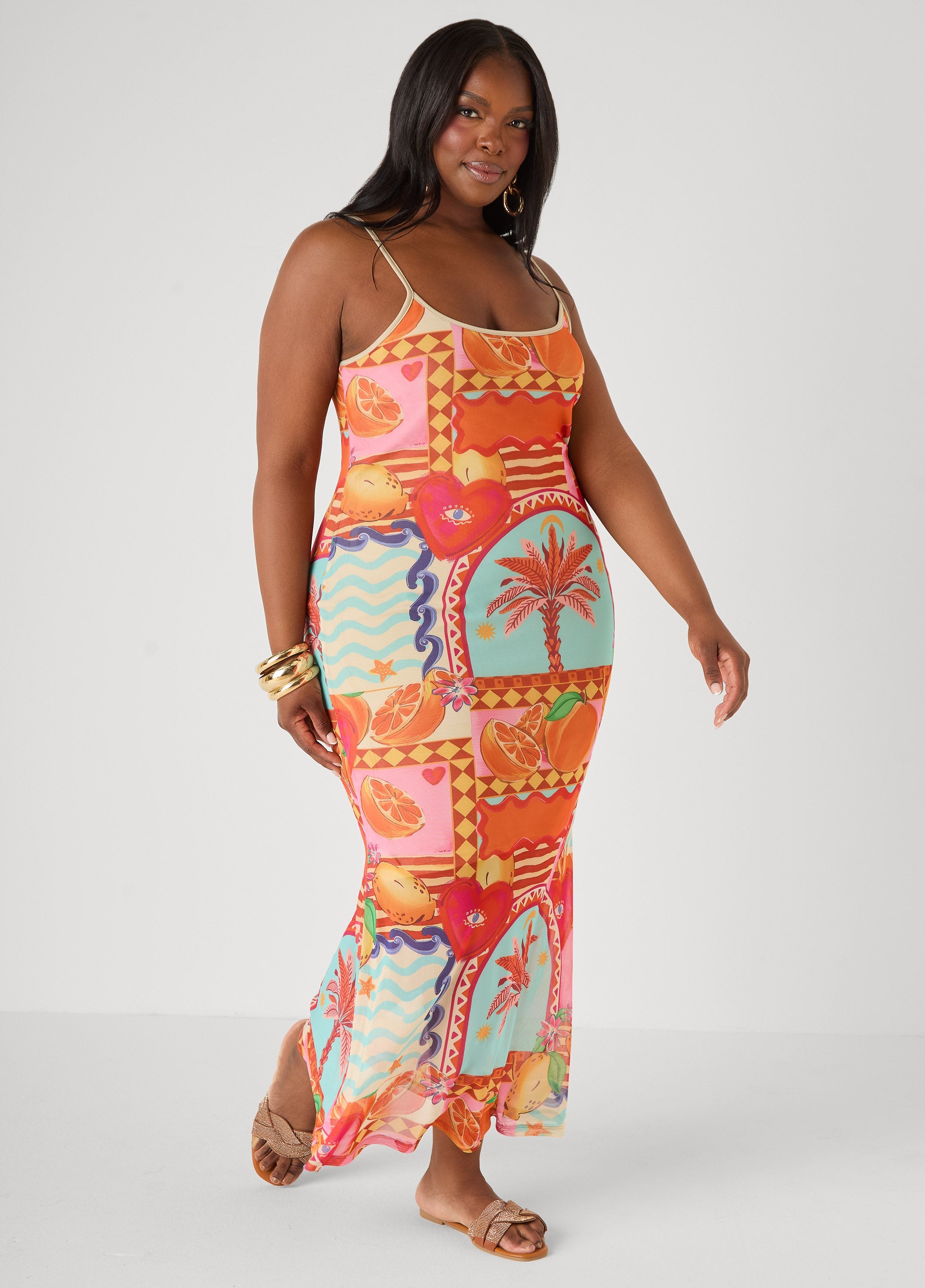 Printed Mesh Maxi Slip Dress