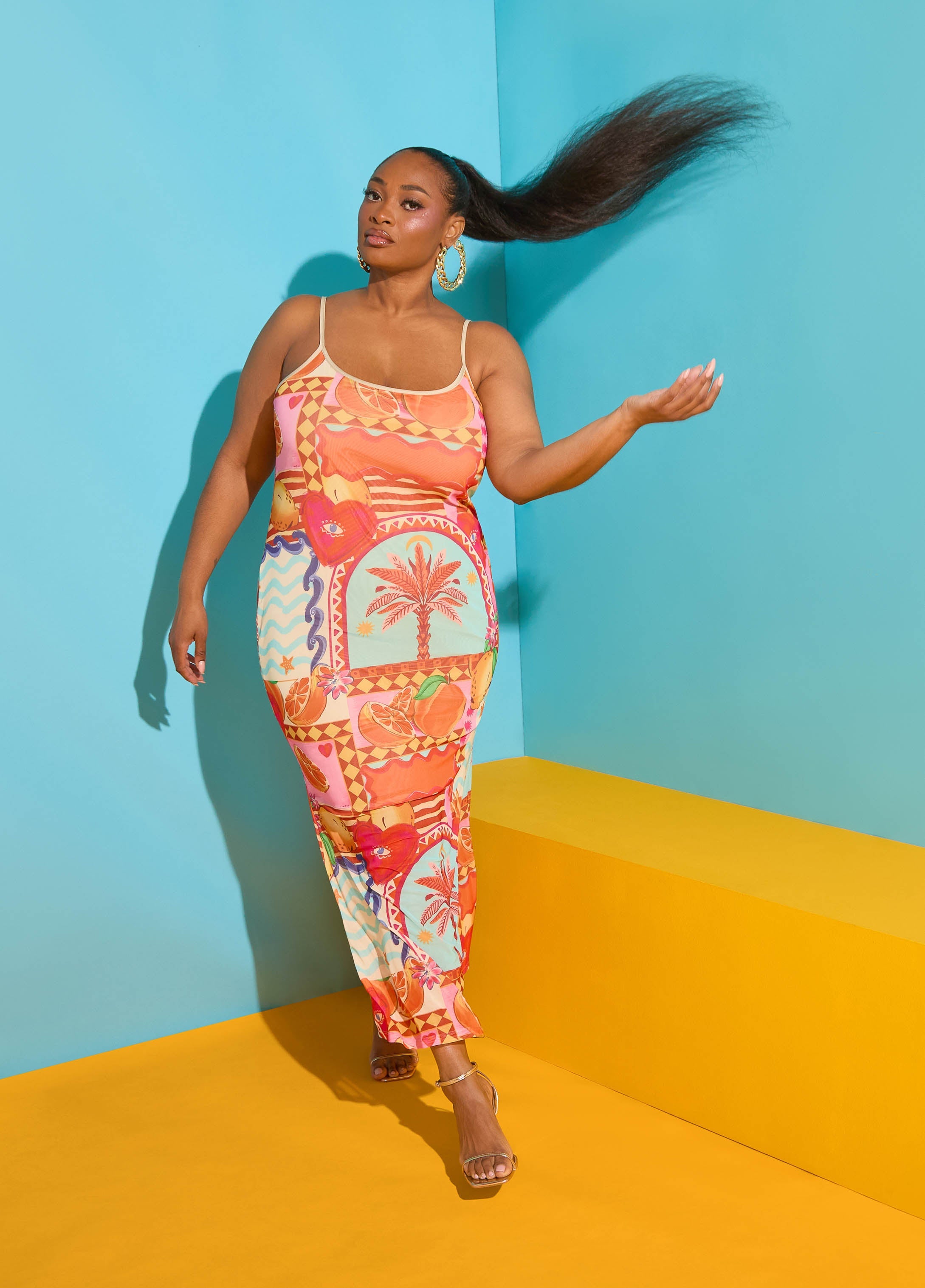 Printed Mesh Maxi Slip Dress