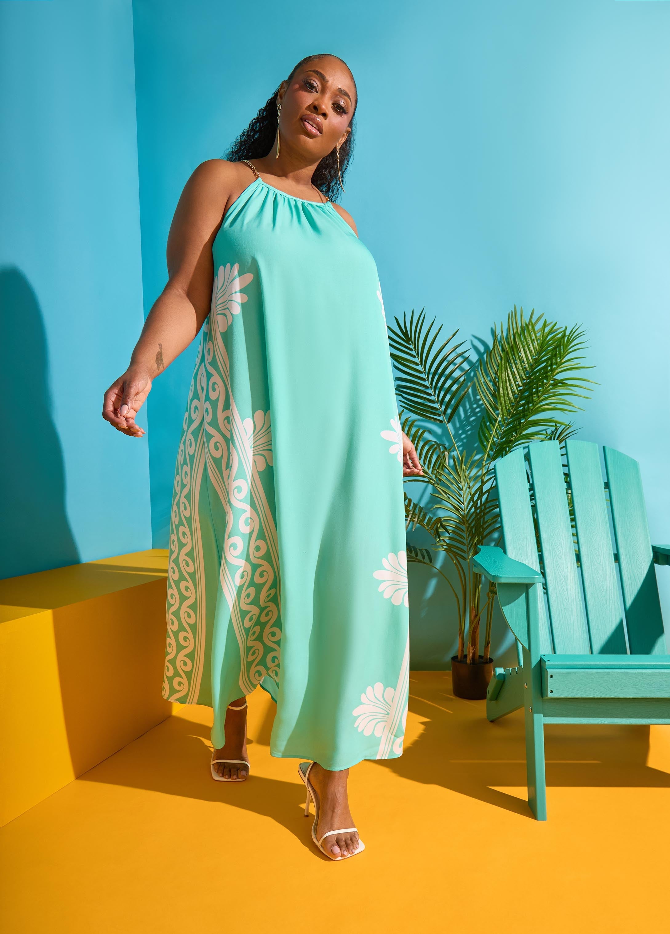 Chain Trimmed Scroll Print Dress