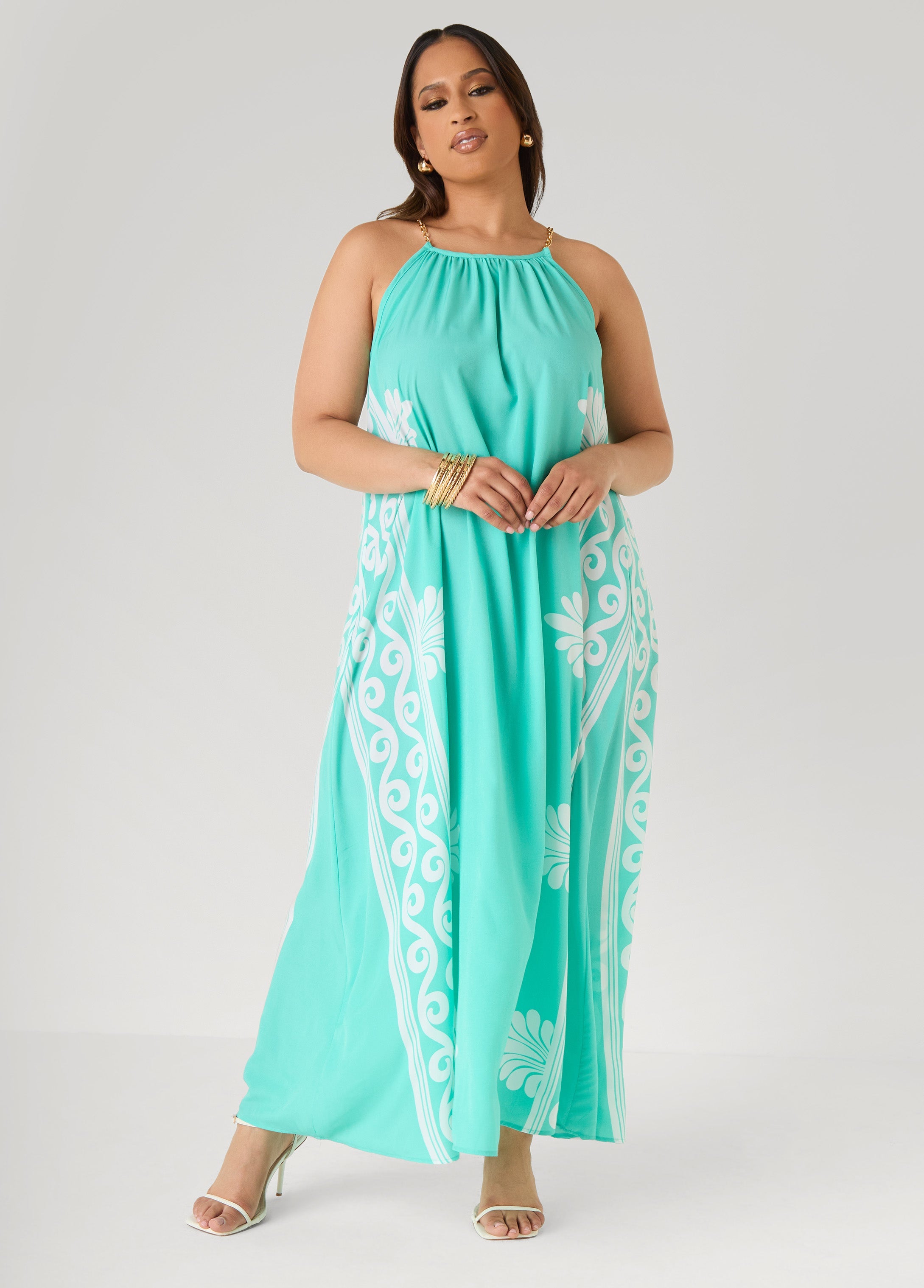 Chain Trimmed Scroll Print Dress