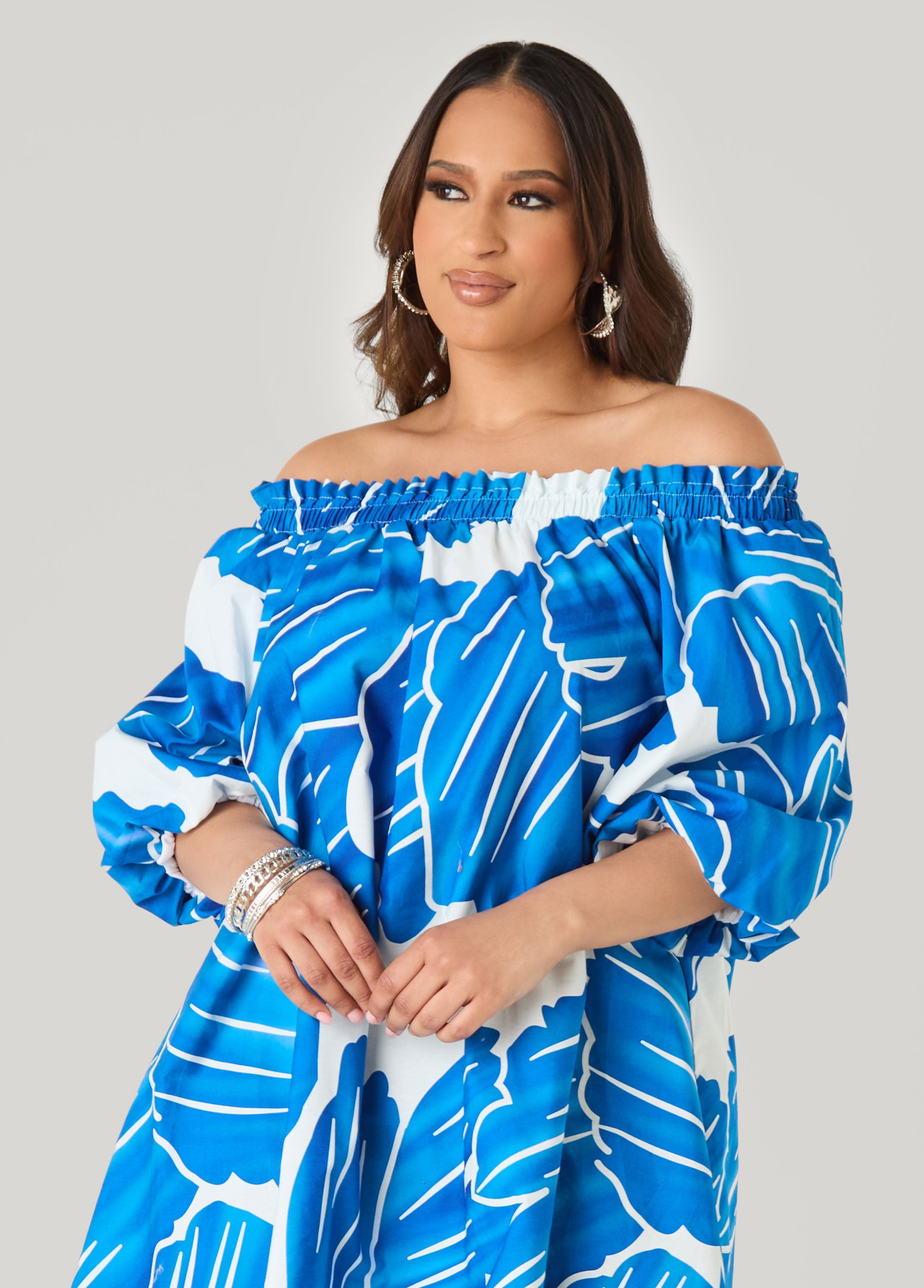 Off The Shoulder Leaf Print Dress