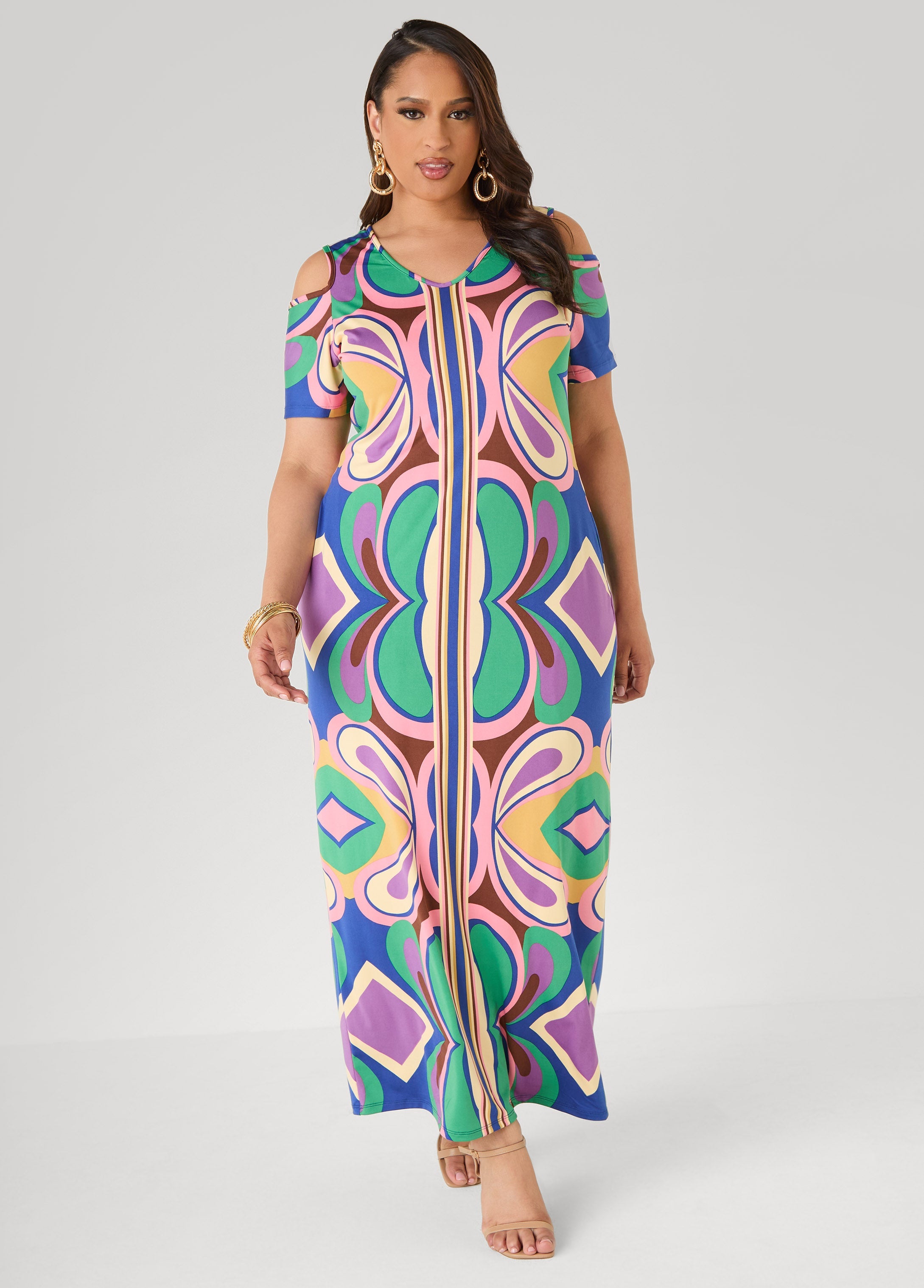 Royal Blue Psychedelic Maxi Dress with Cold Shoulder