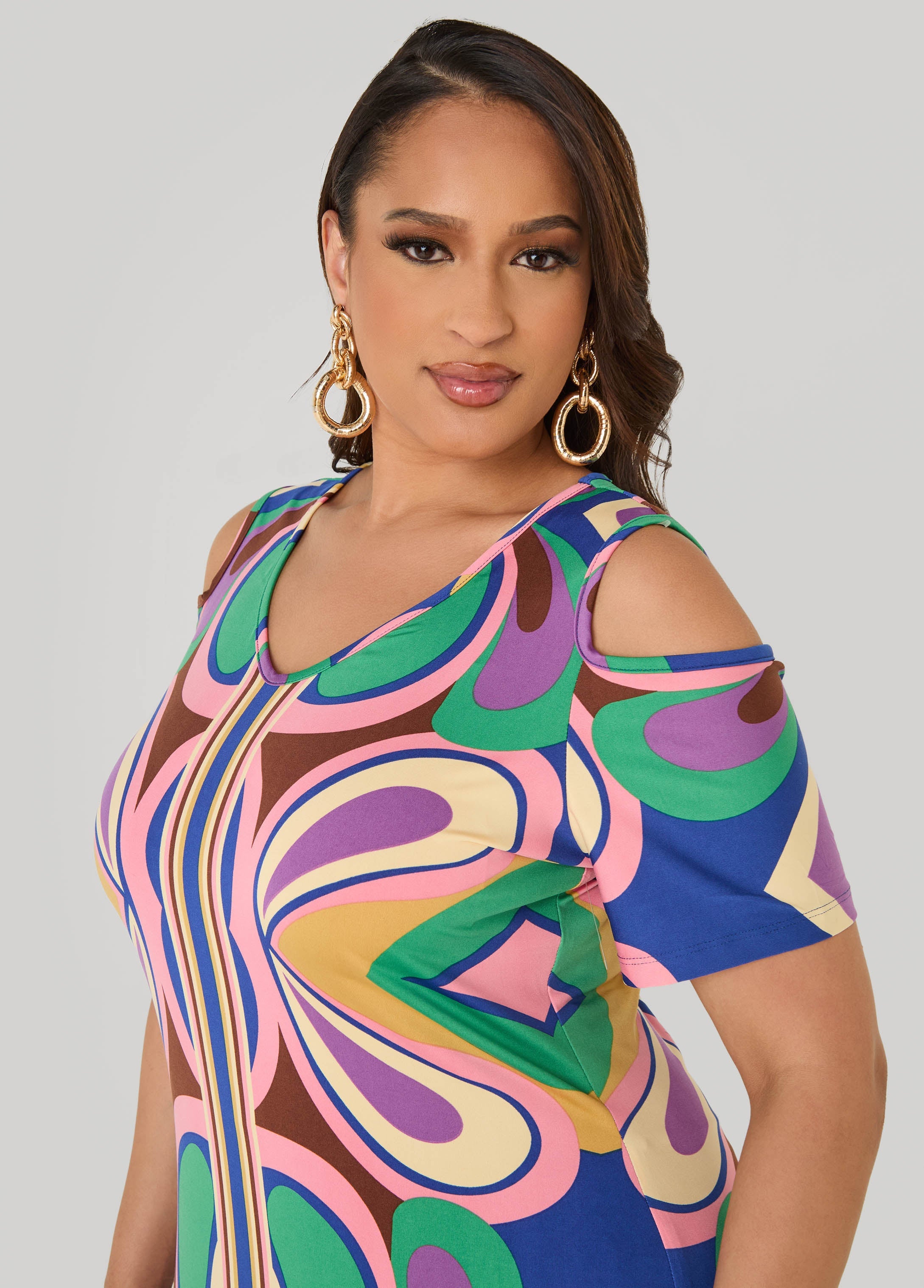 Royal Blue Psychedelic Maxi Dress with Cold Shoulder
