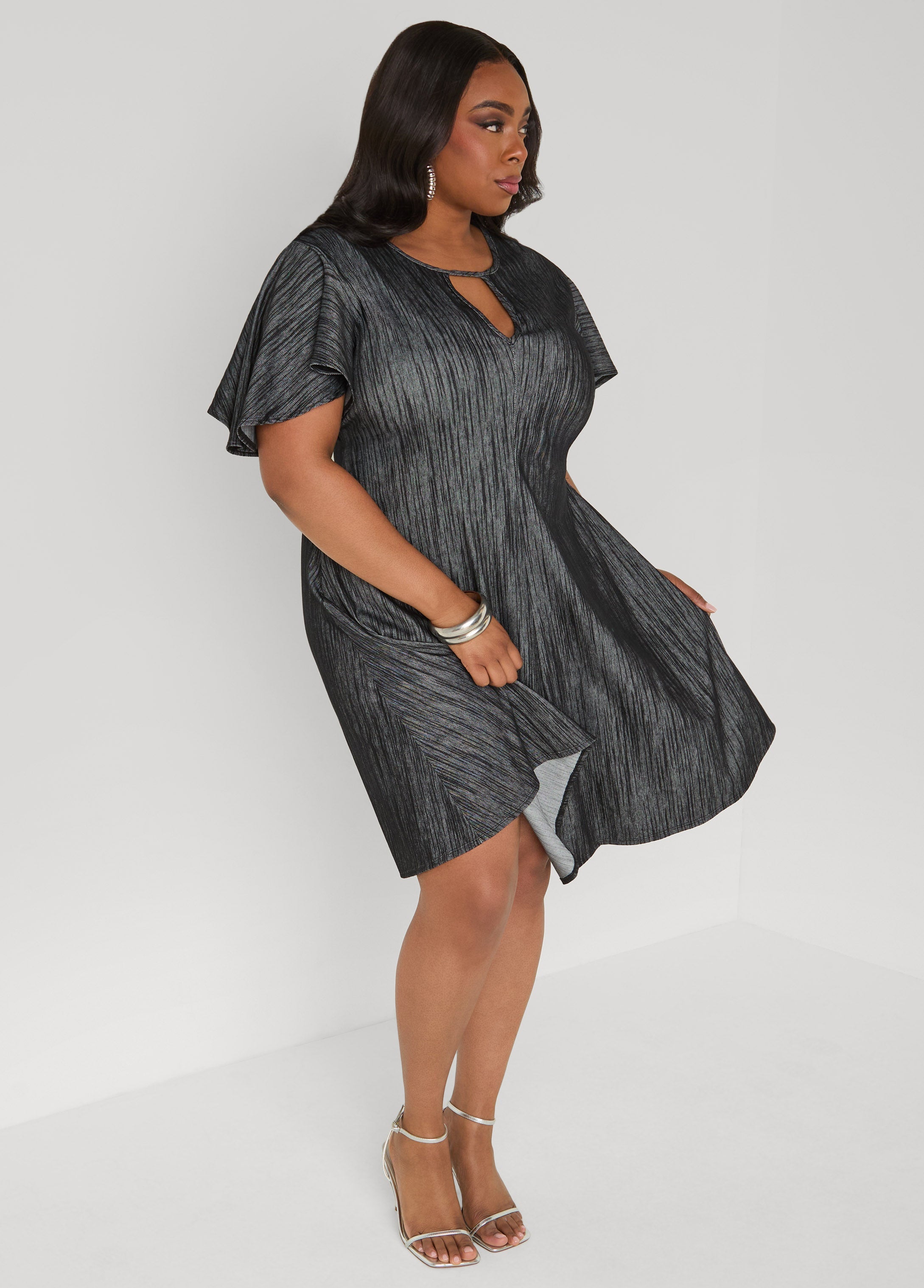 Cutout Textured Denim A Line Dress