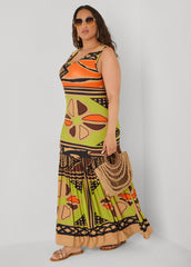 Flounced Abstract Print Maxi Dress