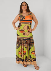 Flounced Abstract Print Maxi Dress