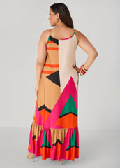 Chain Trimmed Geo Print Maxi Dress