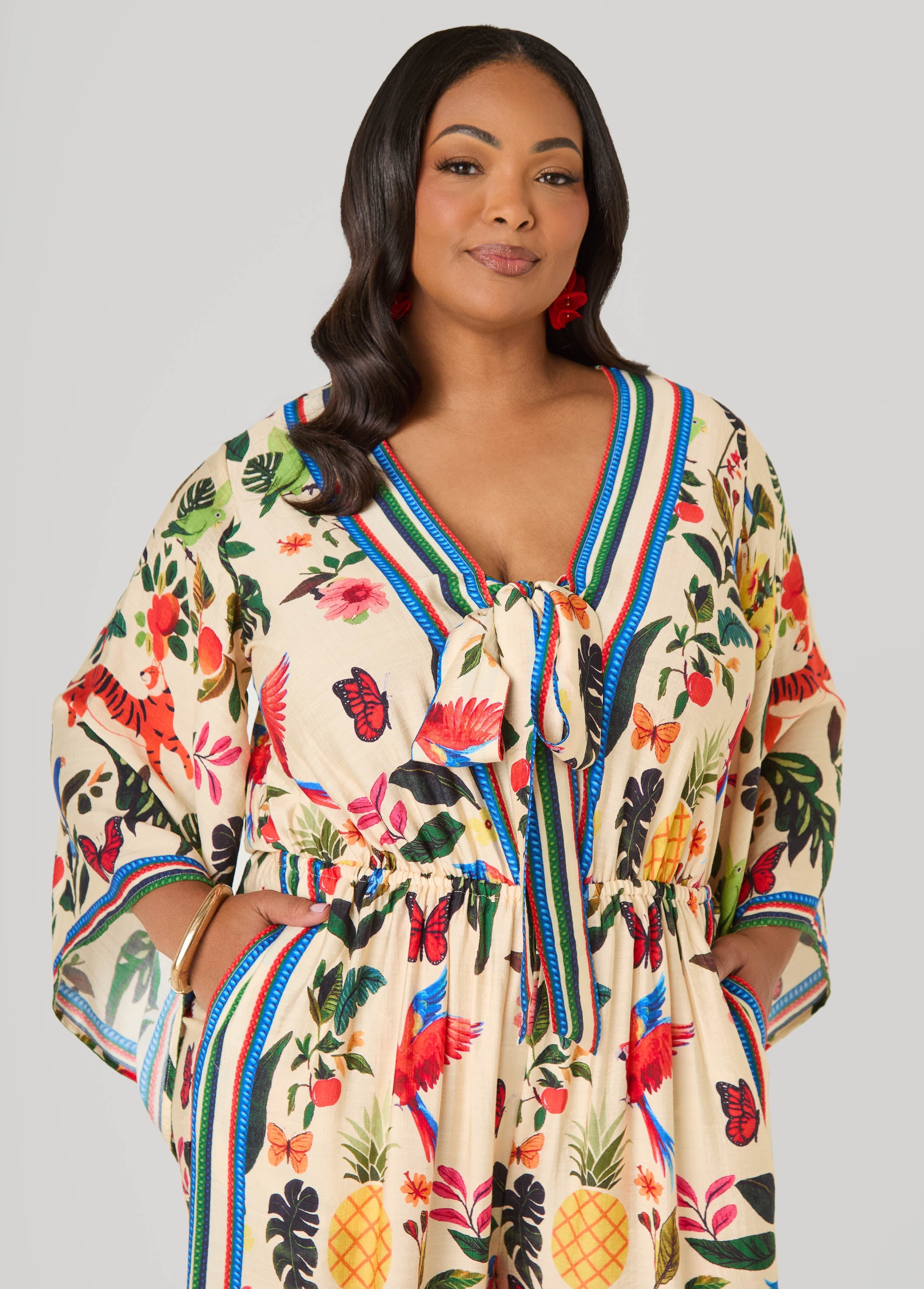 Tie Front Tropical Print Jumpsuit